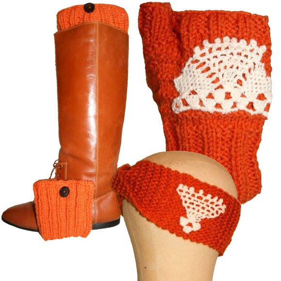 Hand Crafted Accessories - Fingerless Gloves Boot Cuffs & Twist Headband Set Hand Knit Pumpkin Burnt Orange